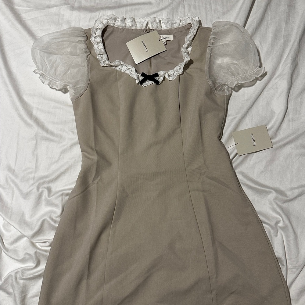 Bohme Beige Dress with White Puff Sleeves